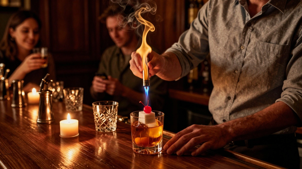 A bartender flaming a sugar cube on an Old Fashioned cocktail in a cozy, dimly lit bar.