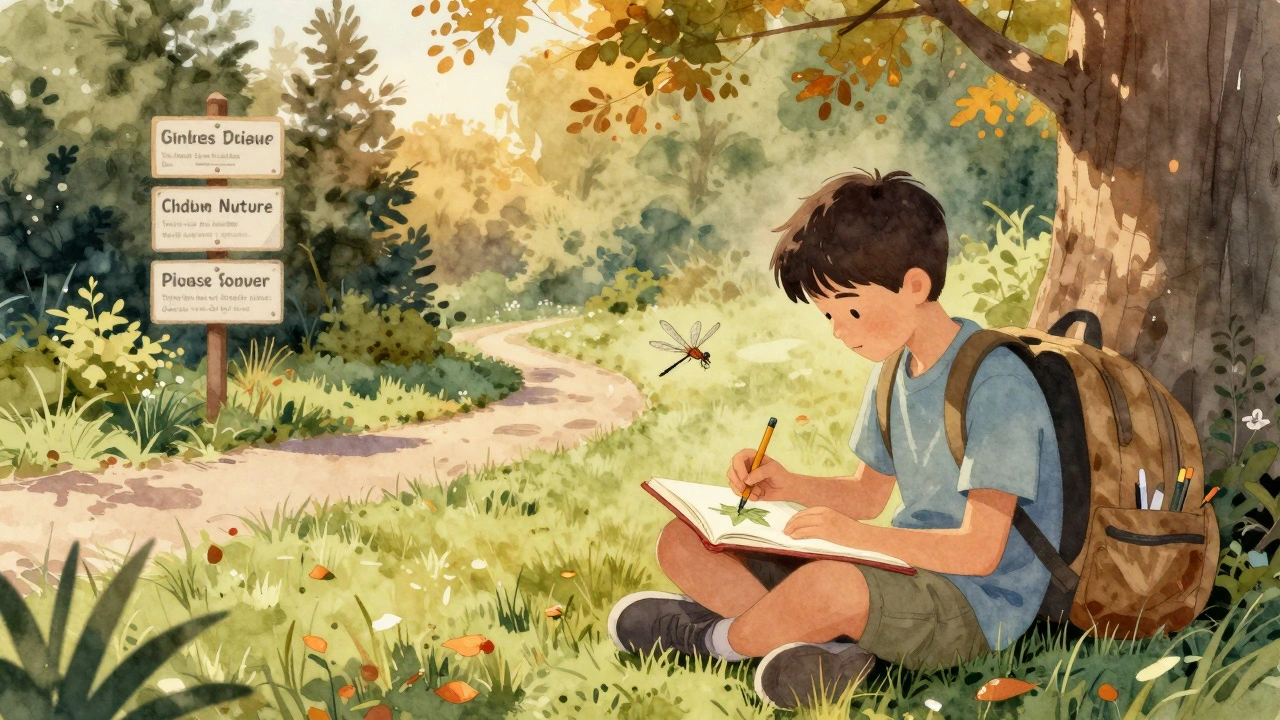 A boy journaling nature at Chicago Botanic Garden, surrounded by trees and self-guided trail signs.