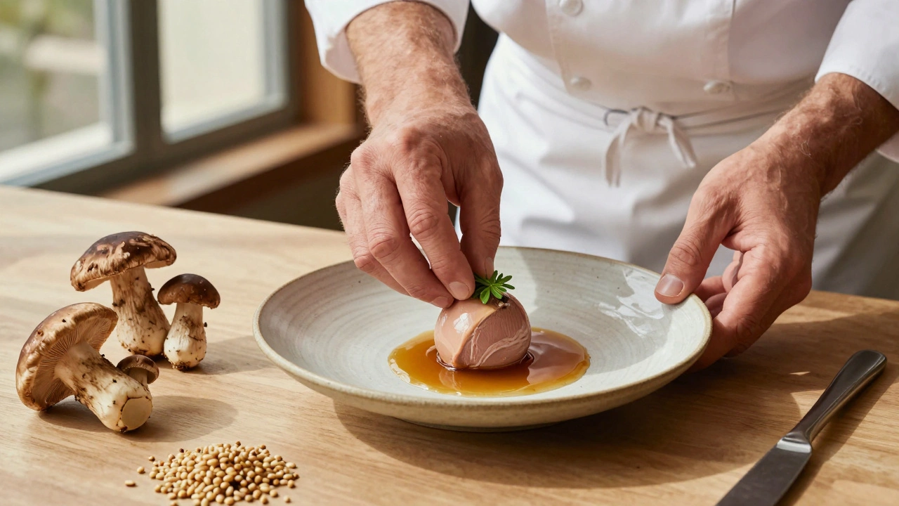A chef’s hands arranging seasonal Midwestern ingredients on a ceramic plate with precision.