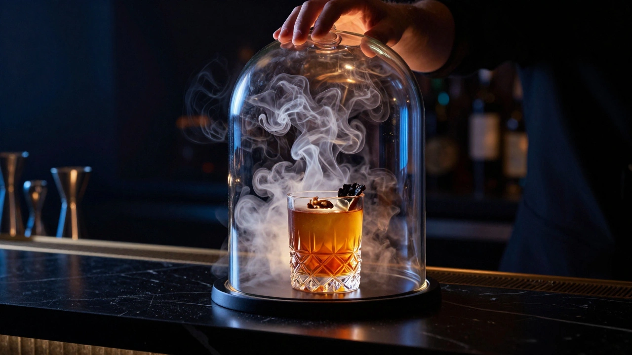 A cocktail under a glass dome filled with applewood smoke at an avant-garde Chicago bar.