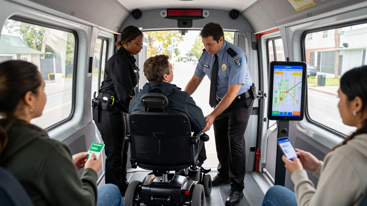 A CTA Access Services van loading a mobility scooter with driver helping a passenger.