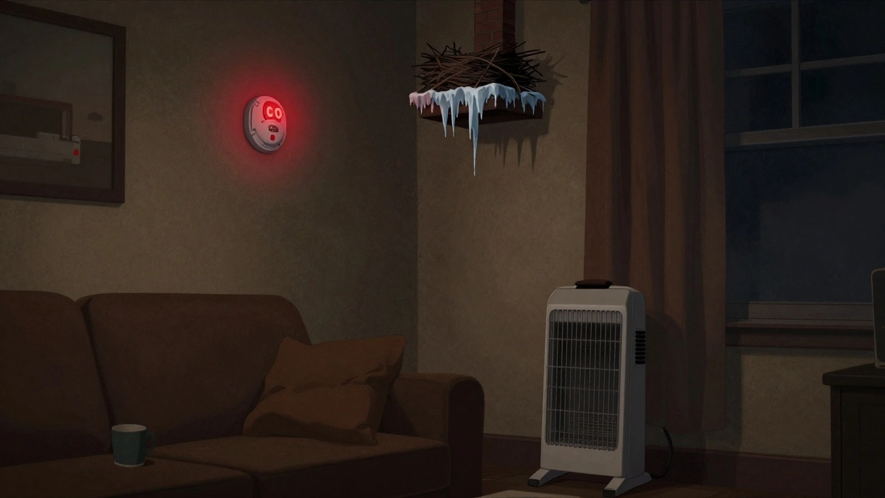 A dim Chicago living room with a blinking CO alarm, blocked chimney, and unsafe space heater.