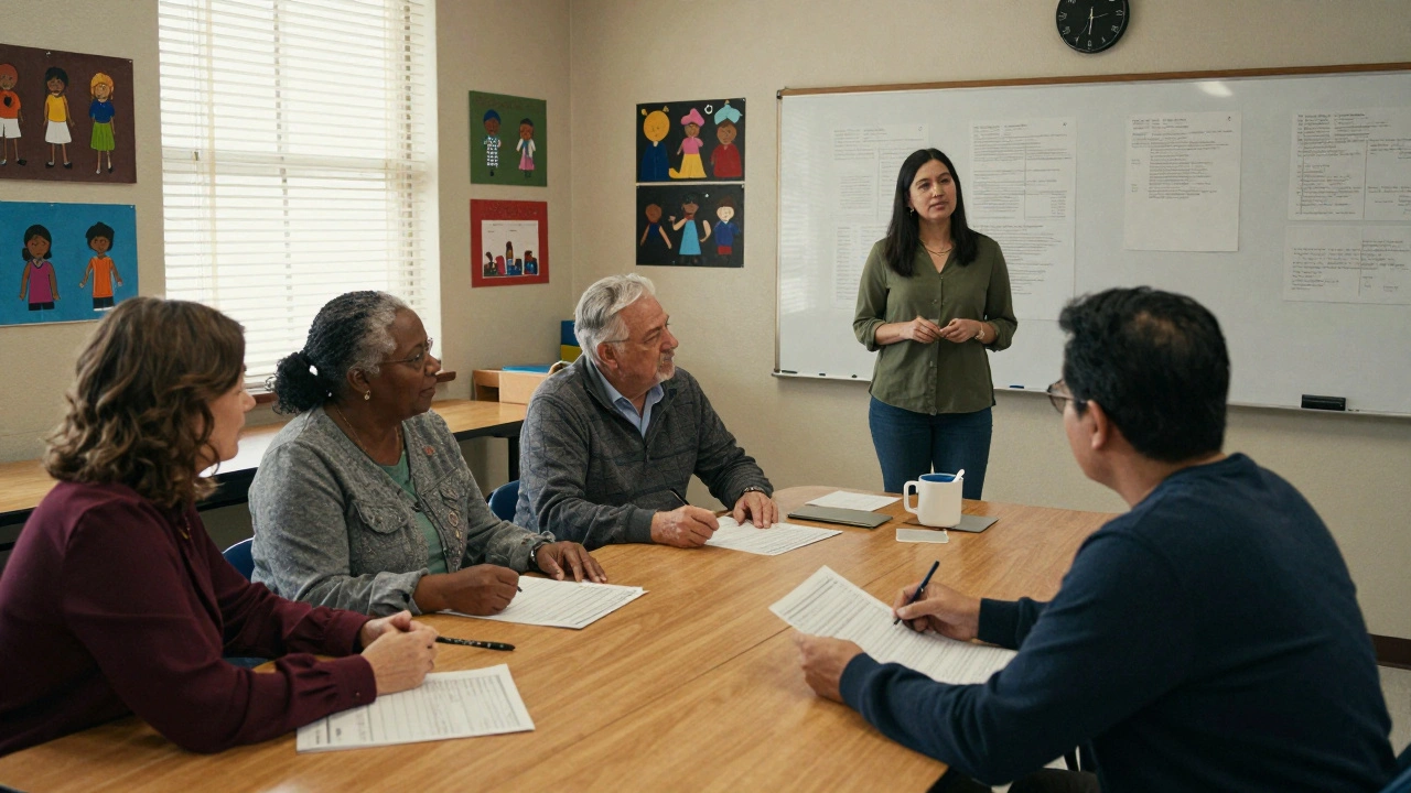 A diverse Local School Council meeting around a table reviewing school budget documents.