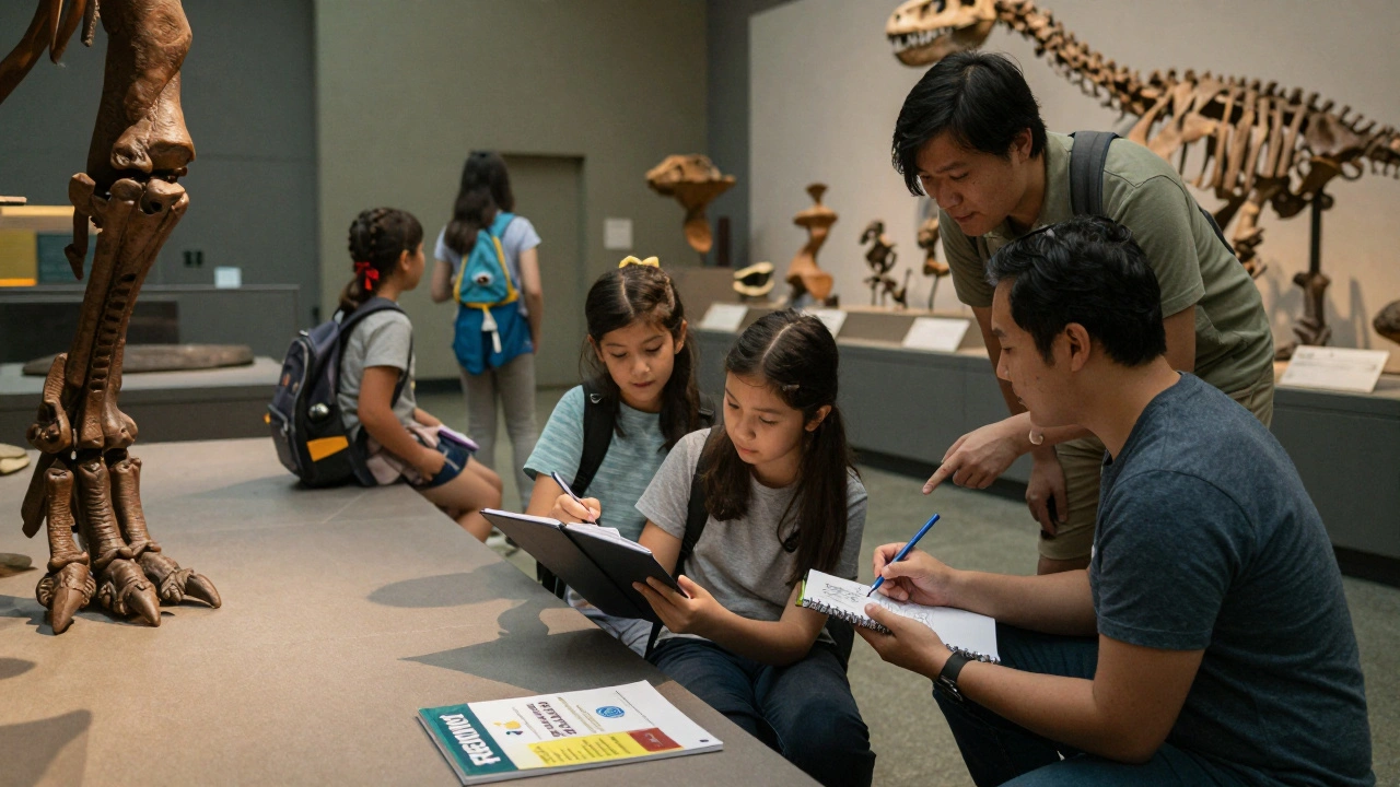 A family exploring the Field Museum on a free homeschool day, with a child sketching a dinosaur skeleton.
