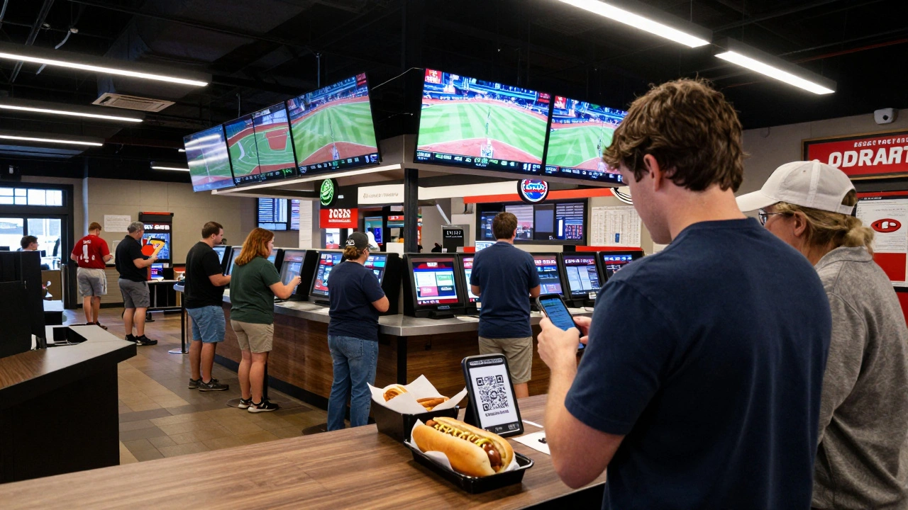 A person scanning a QR code to bet on a baseball play next to the food court at Guaranteed Rate Field.