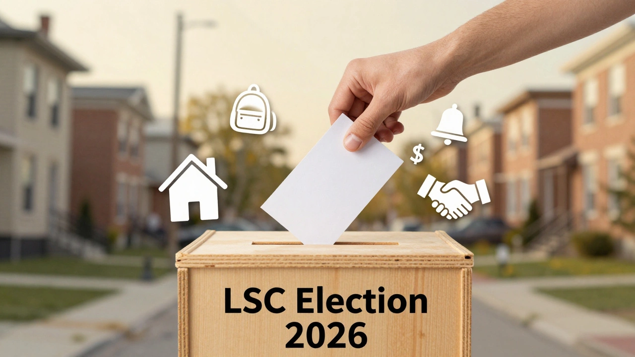 A single ballot being placed in a box surrounded by symbols of home, school, and community.
