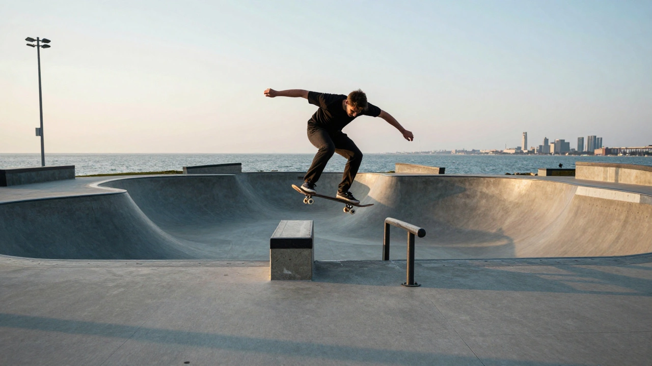 A skater transitions from a quarter pipe over a gap to a rail at Harborview Skatepark, with Lake Michigan and Navy Pier in the background.