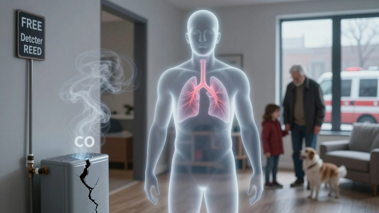 A transparent human figure inhaling carbon monoxide gas from a faulty furnace in a winter home.
