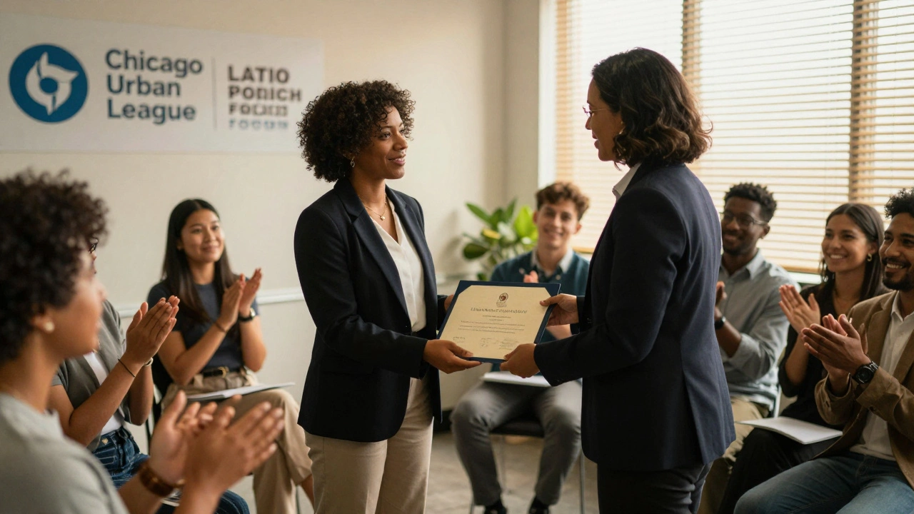 A woman of color receives a leadership certificate at a nonprofit graduation event in Chicago.