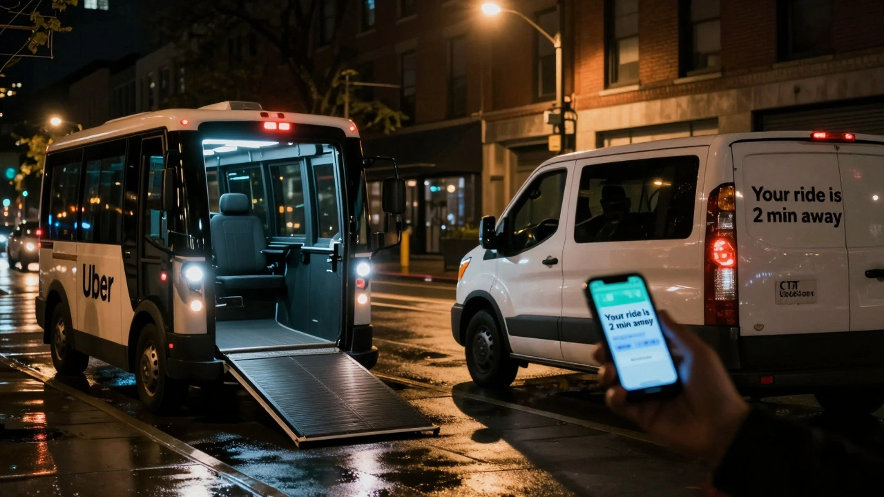 An accessible taxi and CTA Access van at night, with a text notification showing ride arrival time.