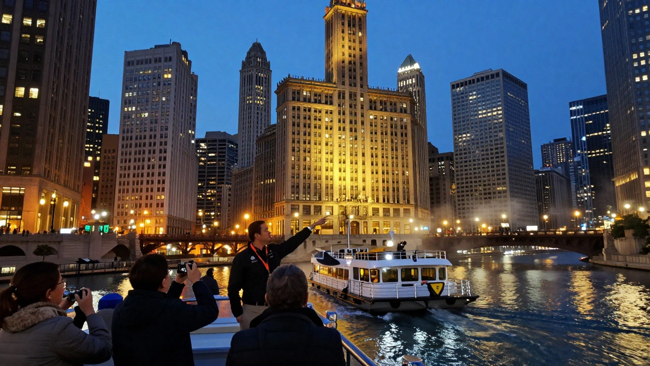 An architectural boat tour on the Chicago River at dusk, passing iconic buildings under glowing lights.