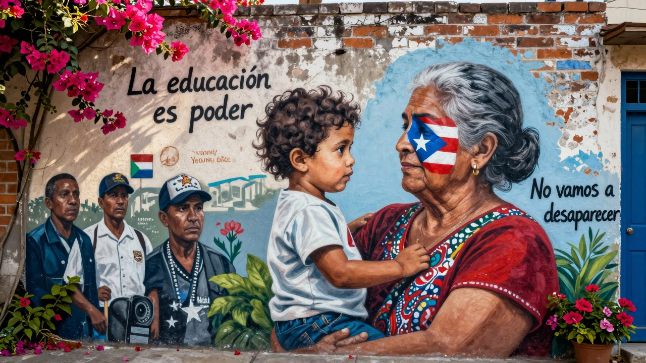 An elderly woman and child are depicted in a vibrant mural with Puerto Rican flag stars and the phrase 'La educación es poder.'