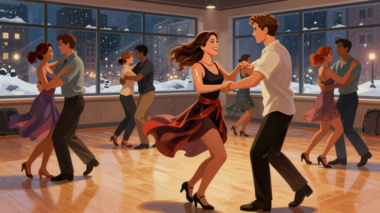 Dancers in colorful clothes moving energetically in a studio during a salsa class in Chicago.