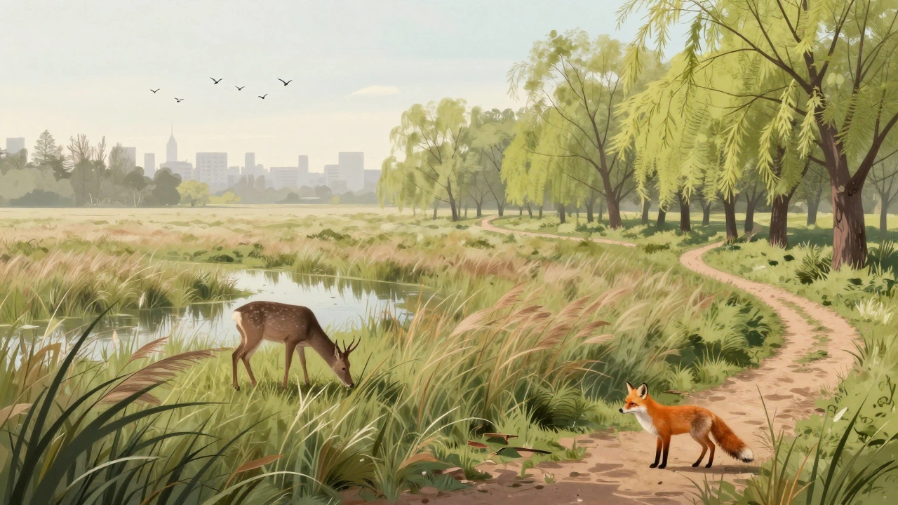 Forest Park Nature Preserve with deer, fox, and prairie grasses under morning light, showcasing wild natural habitat.