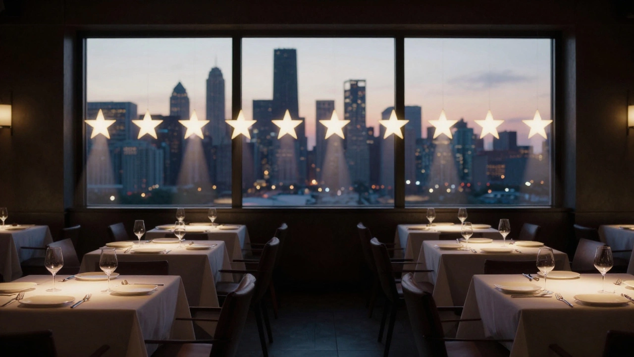 Fourteen glowing Michelin stars hovering above empty dining tables in a quiet Chicago restaurant at dawn.