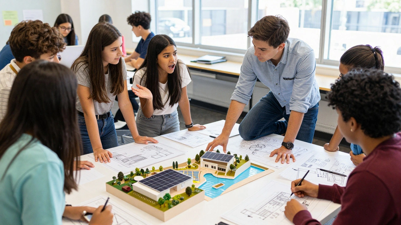 Middle school students working with an architect to design a sustainable community center.