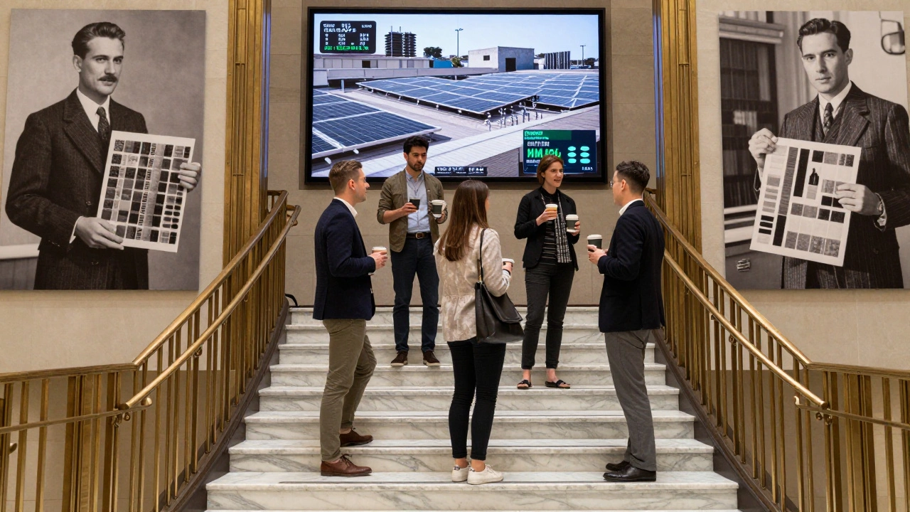 Modern professionals networking on the historic grand staircase, with digital energy metrics displayed beside vintage photos of 1930s buyers.