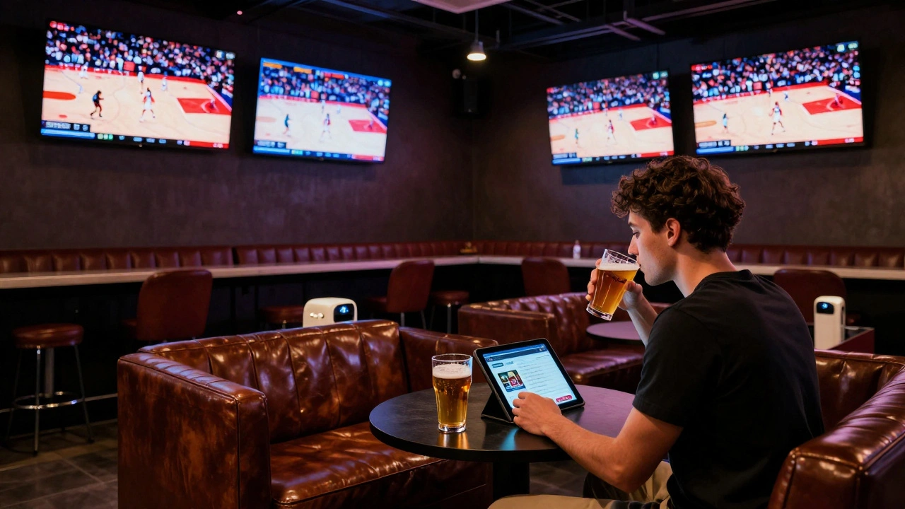 People relaxing on leather couches in a premium betting lounge at United Center, watching a live basketball game.