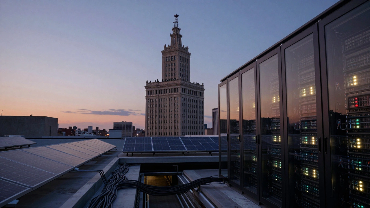 The 17-story tower of Merchandise Mart at dusk with rooftop solar panels and data cables visible through transparent floors in a tech server room.