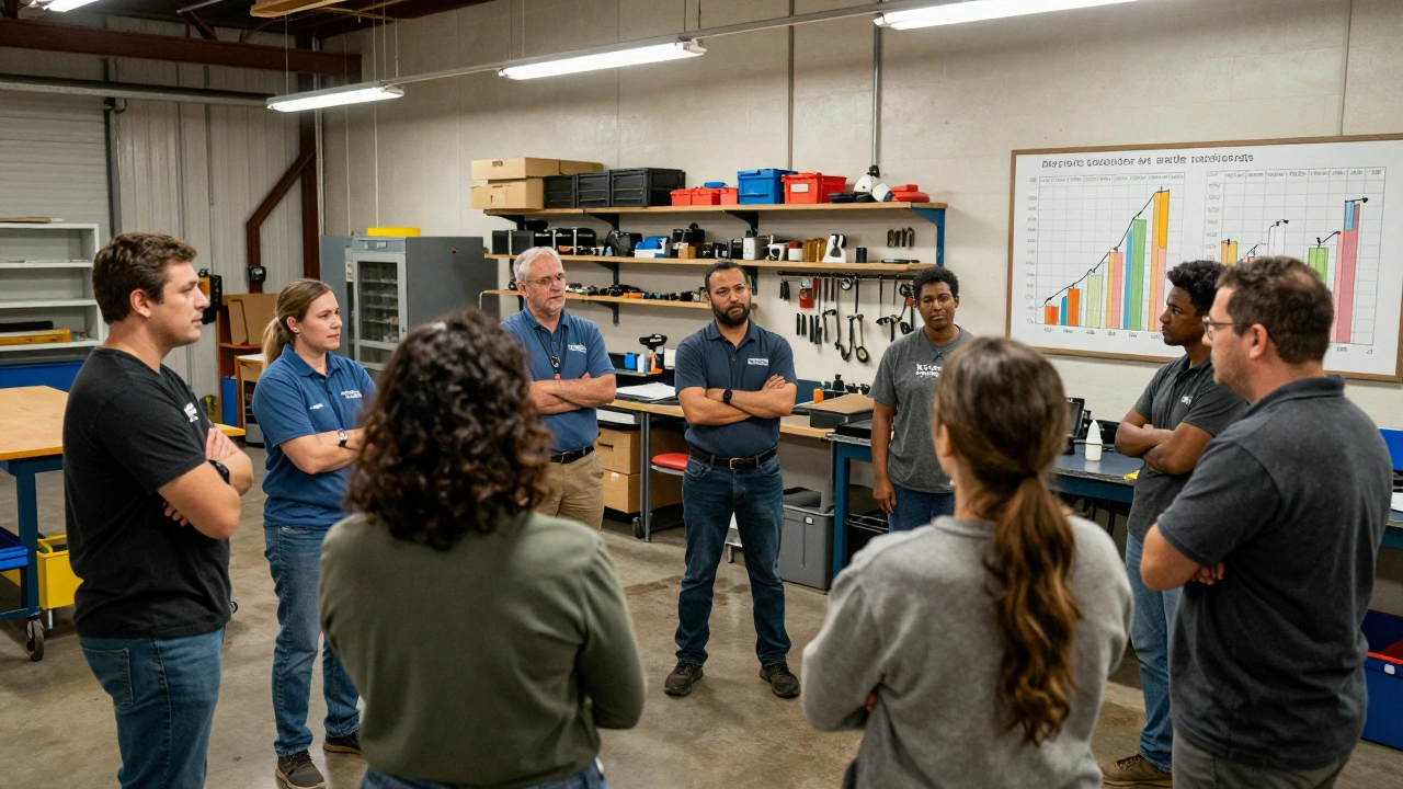 Workers of different backgrounds leading a safety briefing in a suburban Chicago manufacturing plant.