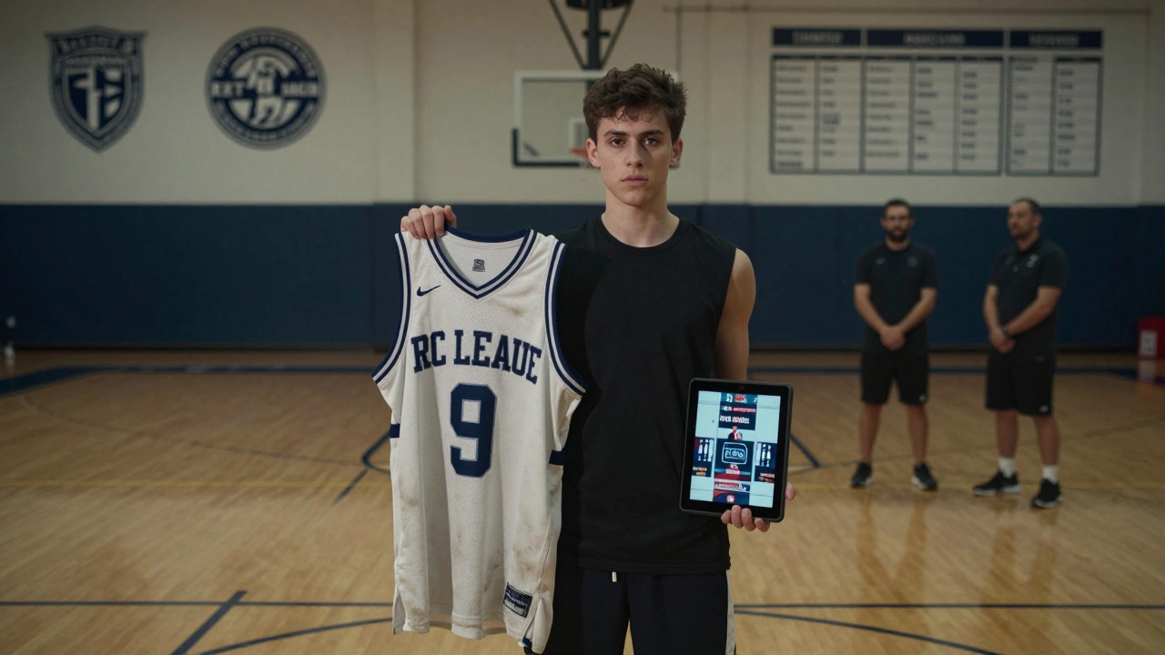 A young athlete holds a worn jersey and a highlight tablet, standing between a neighborhood court and a sports facility, representing the transition to opportunity.