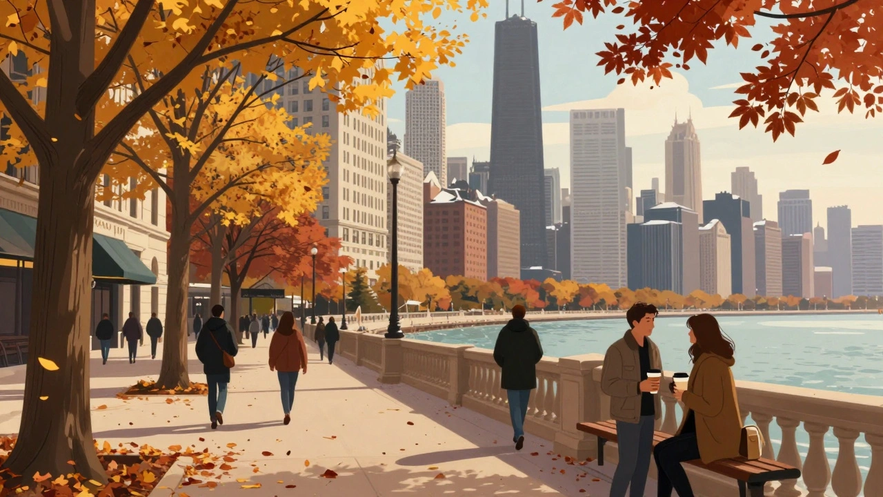 Autumn leaves falling along Michigan Avenue in Chicago, pedestrians enjoying crisp October weather.