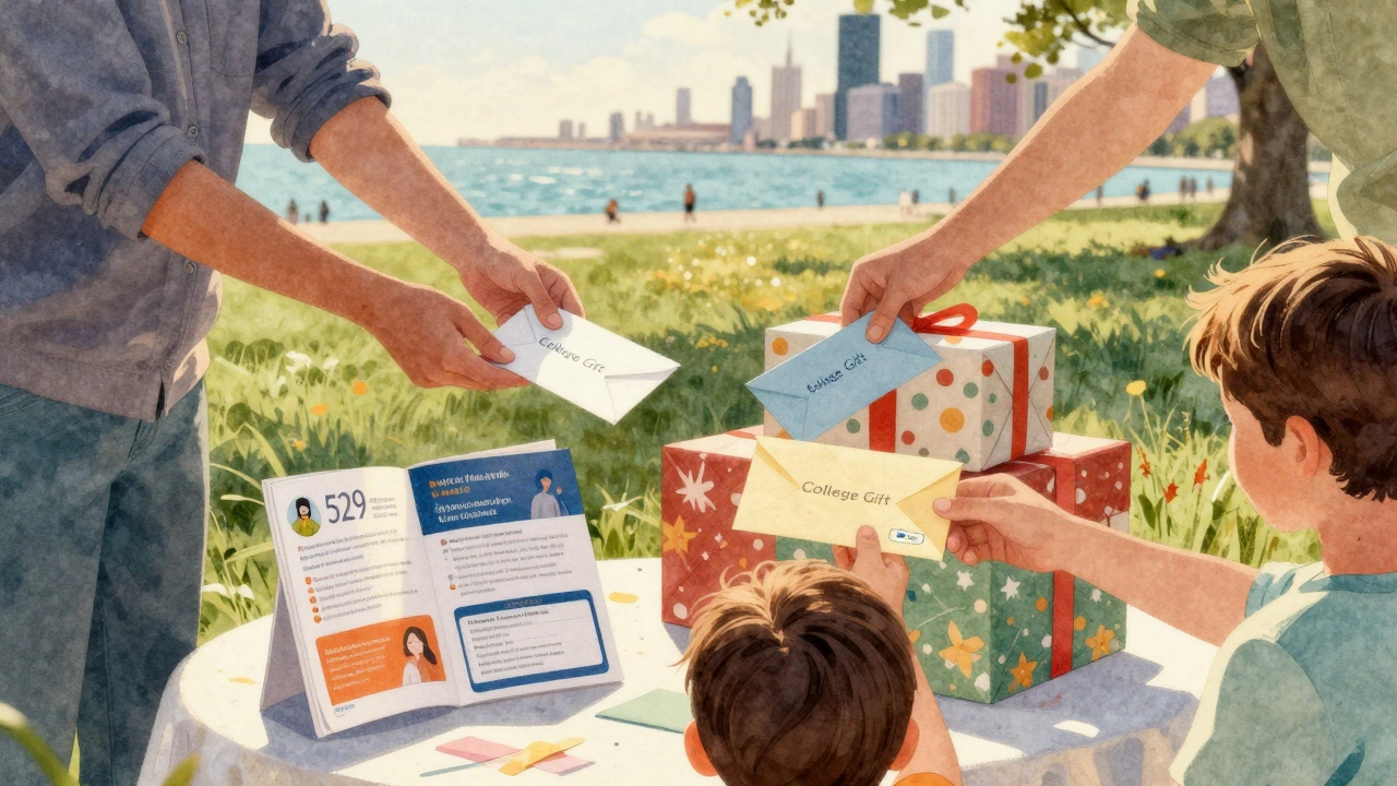 Birthday guests giving college contribution envelopes instead of toys at a Chicago park party, 529 brochure visible beside gifts.