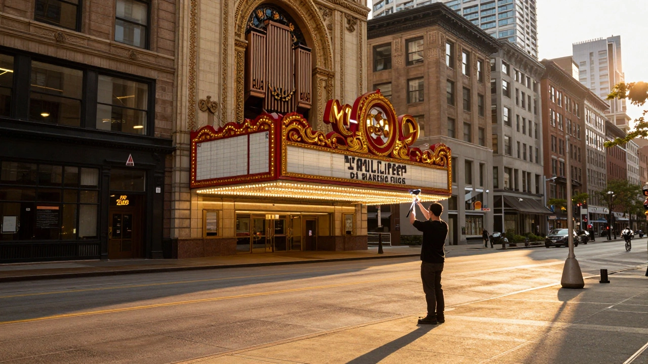 Chicago Theatre at dusk with golden light on its historic marquee and film crew preparing for a shoot.