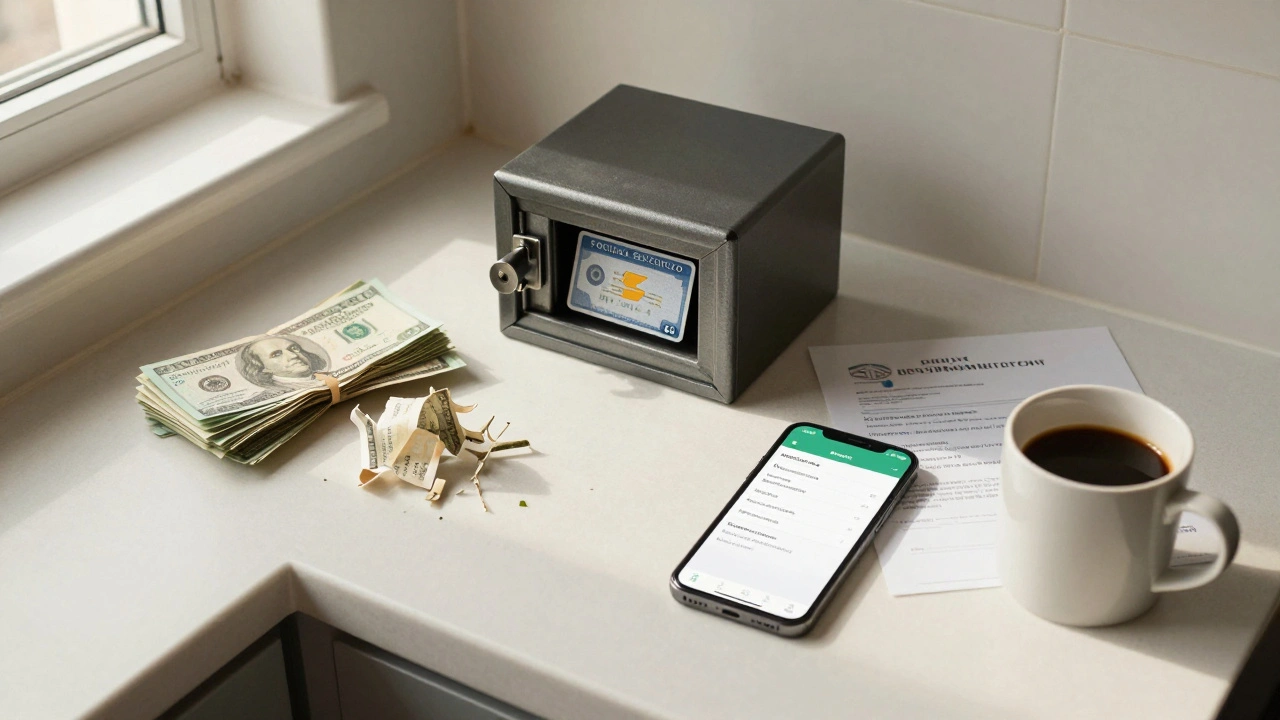 Cluttered kitchen counter with shredded documents, locked box containing Social Security card, and password manager app.