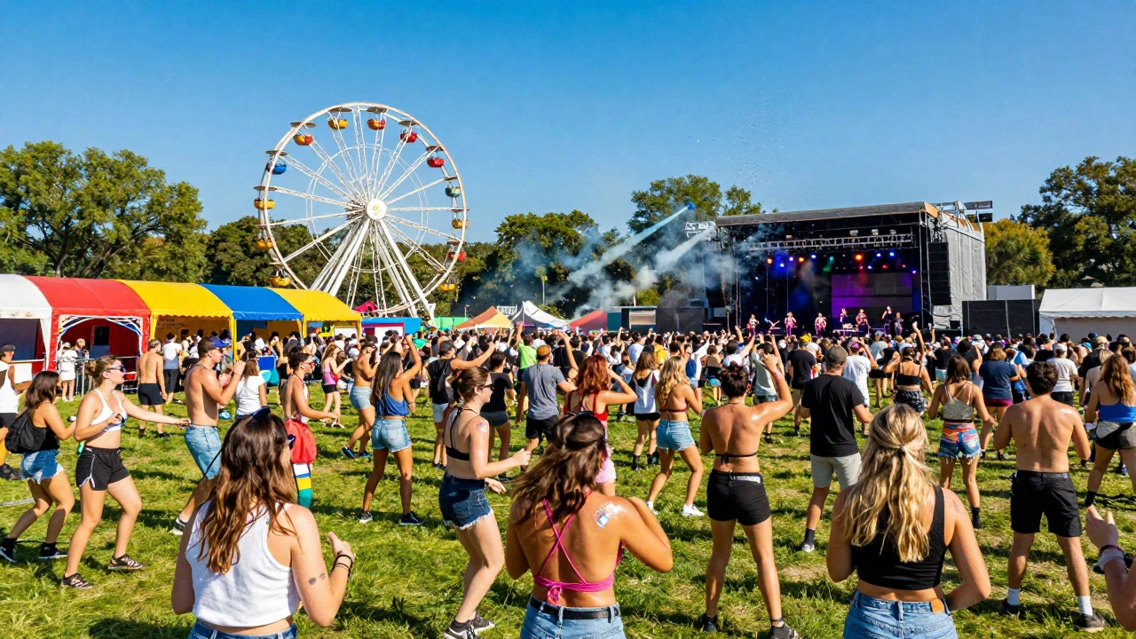 Crowded Lollapalooza music festival in Grant Park with stage, Ferris wheel, and vibrant summer atmosphere.