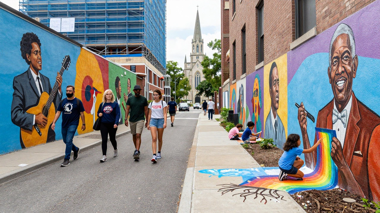 Diverse walkers on a path connecting South Side Community Art Center and Trinity Church, with murals and Obama Center construction in background.