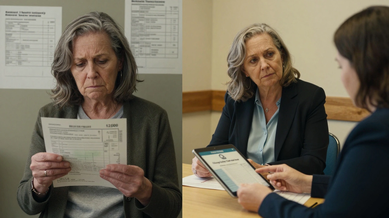 Elderly woman holding fraudulent medical bill, then meeting with city advocate at community center for help.