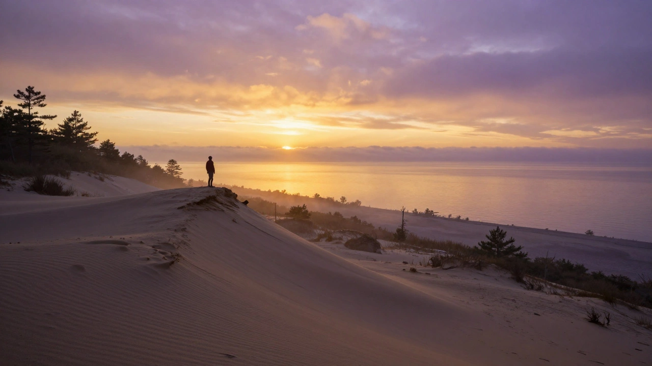 Figure atop Indiana Dunes at sunrise, watching light roll across Lake Michigan with no city in view.