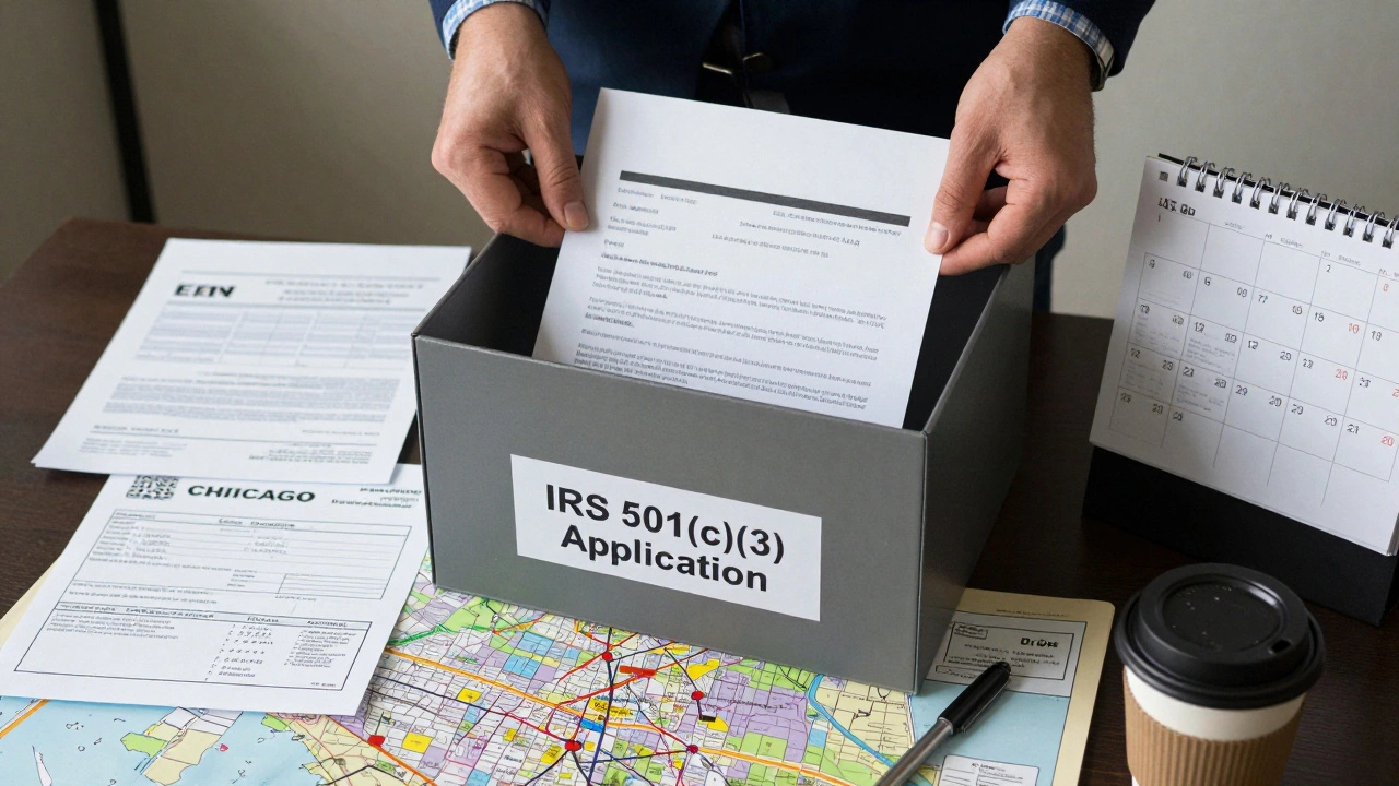 Hands filing IRS 501(c)(3) application with Chicago business license and calendar deadlines