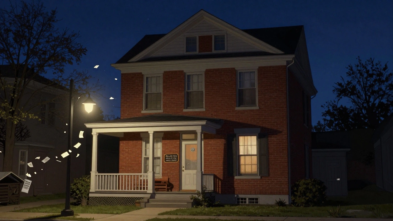 Ida B. Wells-Barnett House at night with a plaque glowing under a streetlamp and floating paper fragments in the air.