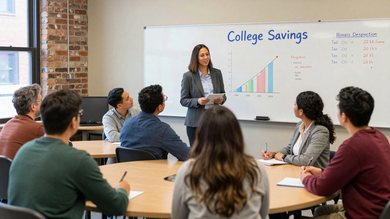 Parents attending a free college savings workshop at a Chicago community center, with financial advisor and whiteboard charts.