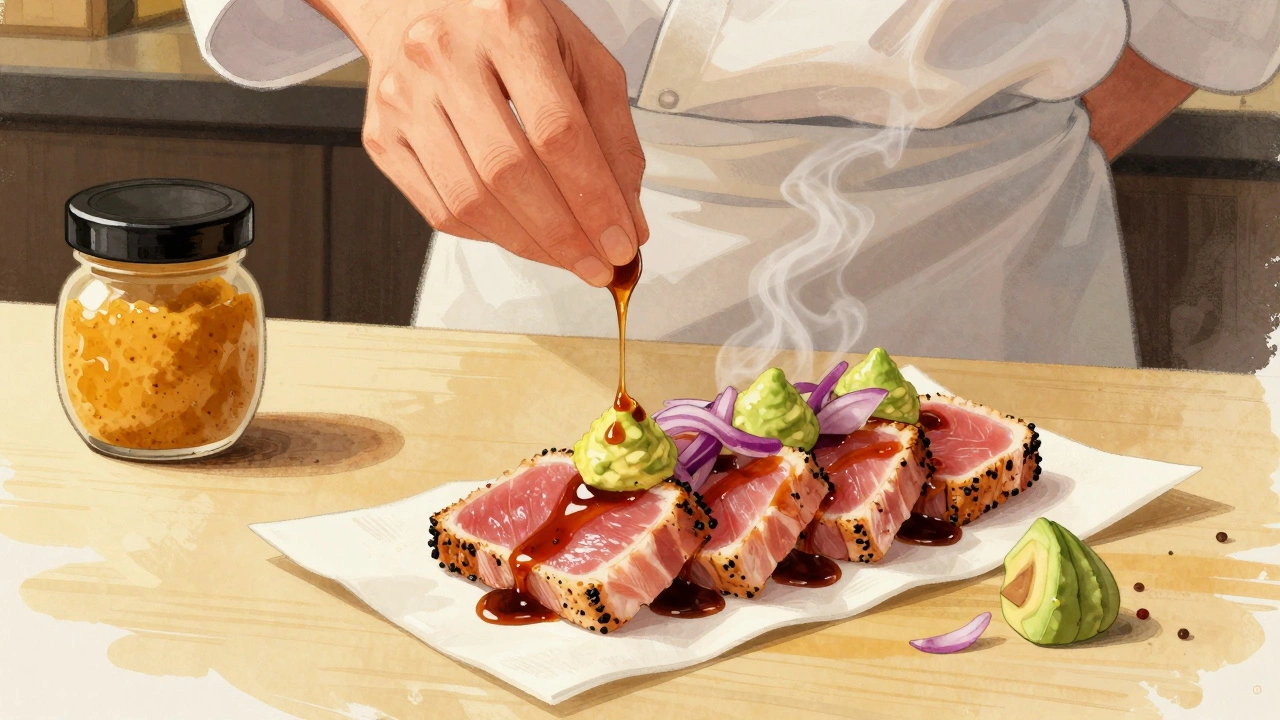 Searred tuna tataki with yuzu-soy glaze and avocado mousse, garnished with pickled purple onions, blending Japanese and Peruvian flavors.