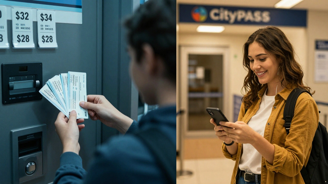 Split scene comparing expensive à la carte tickets versus smooth CityPASS entry.