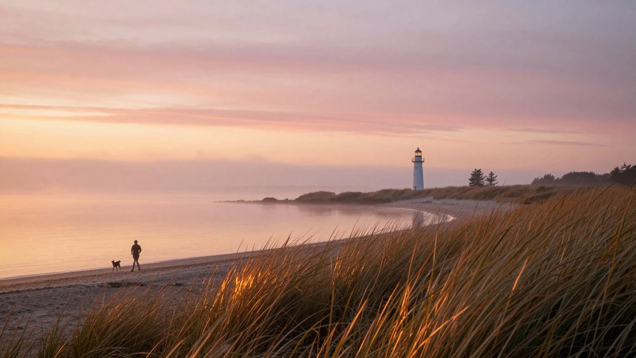 Sunrise at Montrose Beach with lighthouse and glowing dune grasses reflecting soft pastel sky colors.