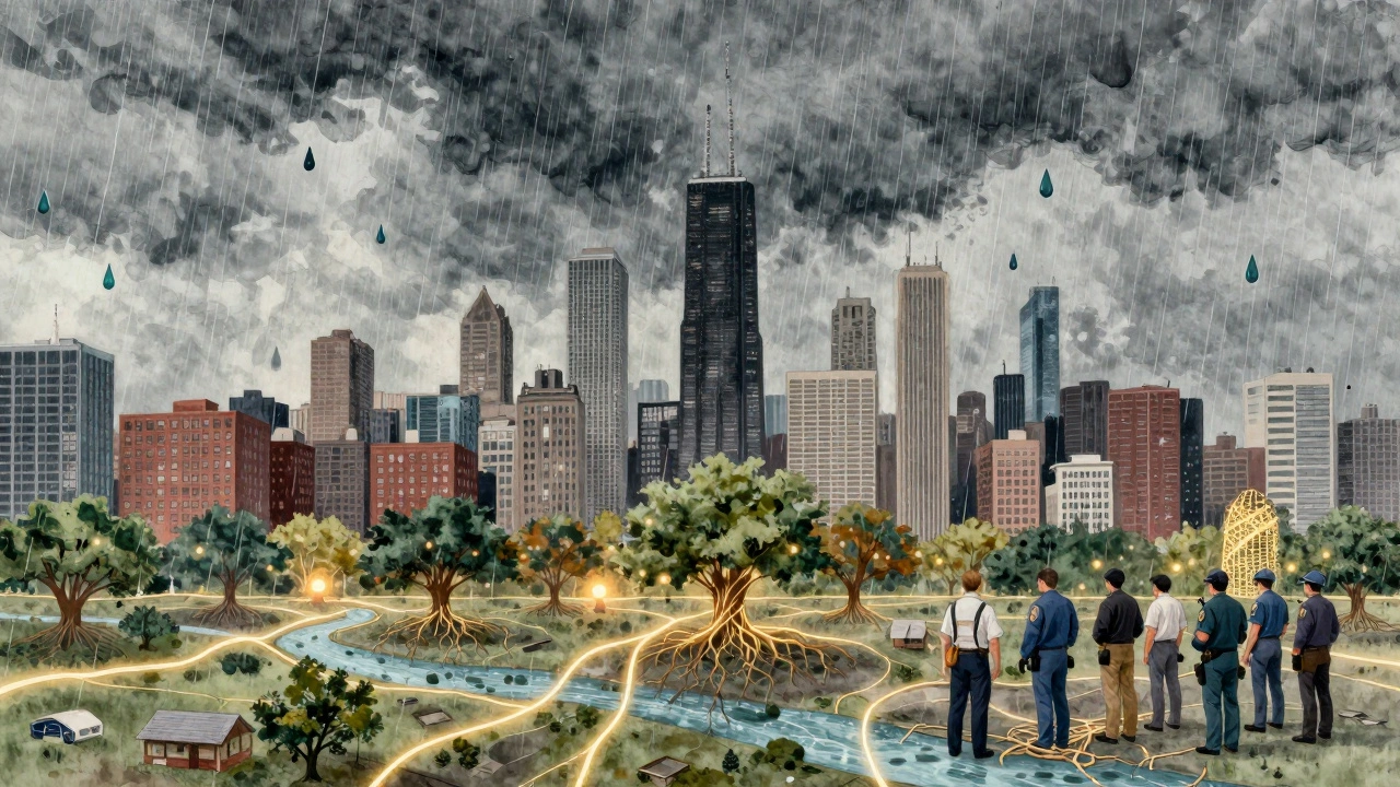 Surreal Chicago skyline with crime rain above and invisible threads of community strength—schools, homes, and hands—holding the city together.
