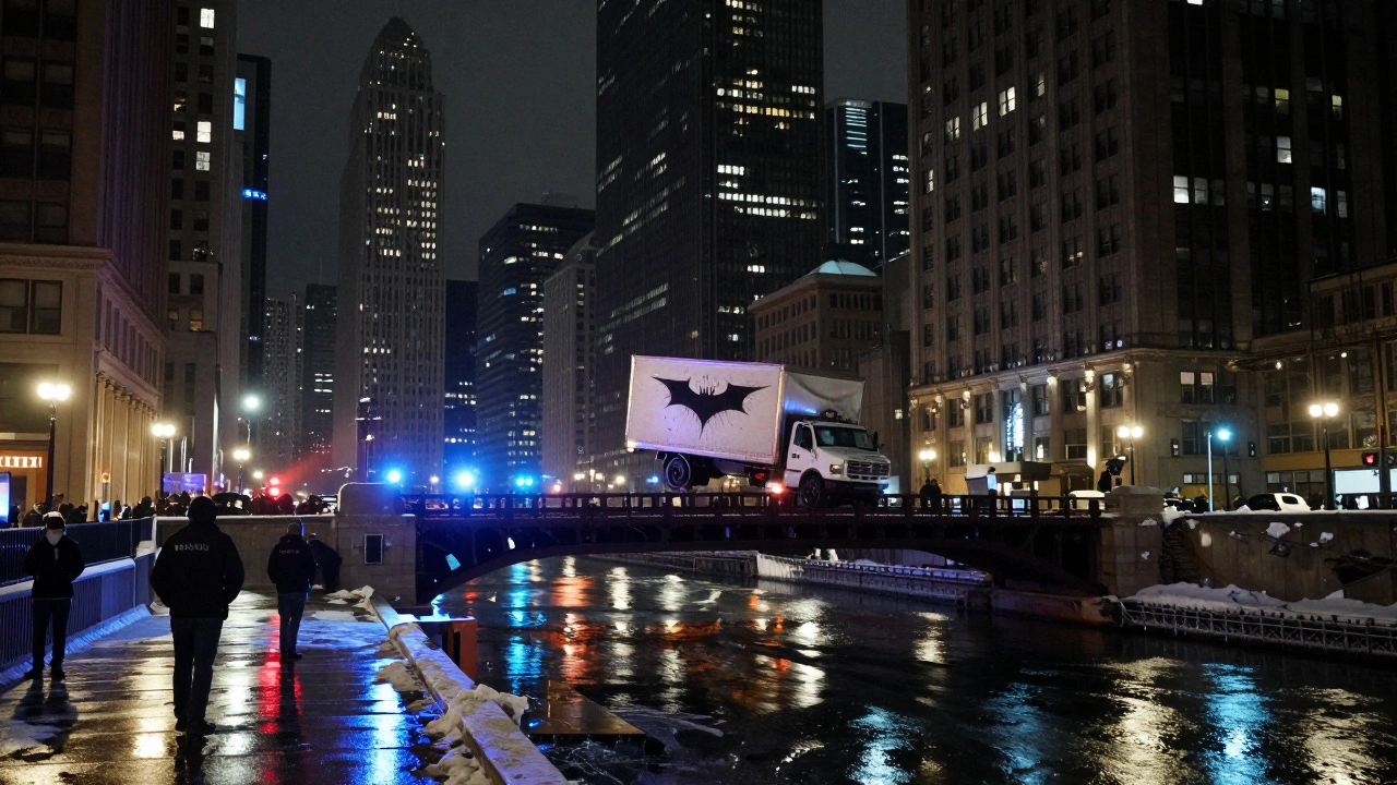 The Dark Knight scene with a flipped truck on a Chicago bridge over icy river, neon lights reflecting off wet pavement.