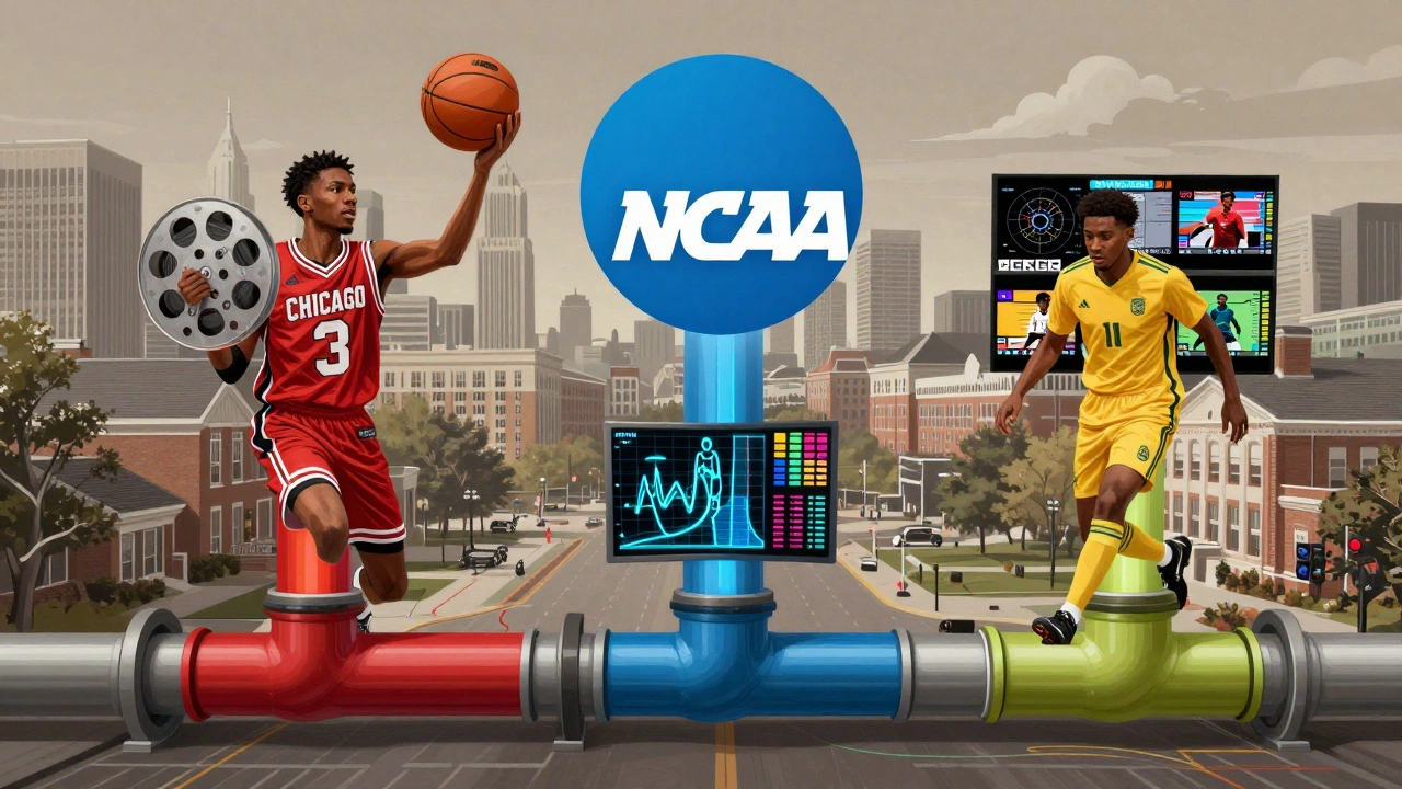 Three sports pipelines—basketball, football, soccer—flow into an NCAA logo, symbolizing structured pathways from Chicago academies to college recruitment.