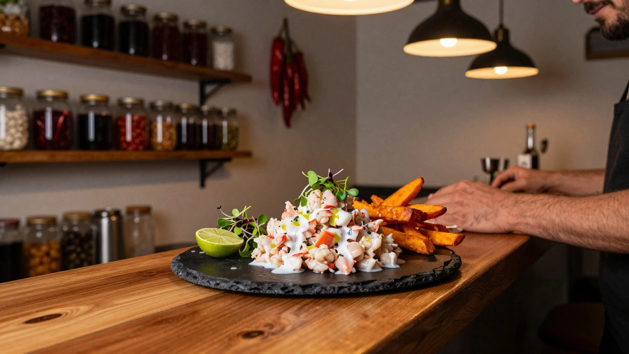 Tiradito de jaiba with coconut milk and lime zest, served on a slate plate beside sweet potato fries in a quiet Peruvian restaurant.