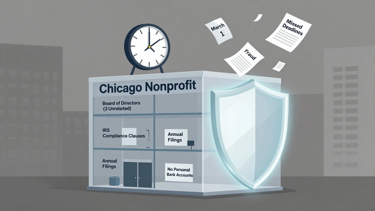 Transparent nonprofit building showing compliance layers and annual filing deadlines