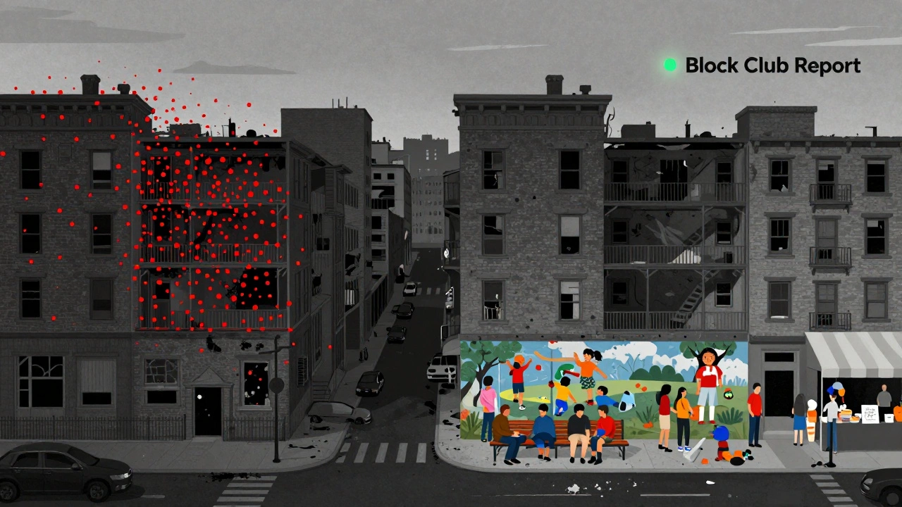 Two contrasting Chicago blocks: one with crime dots and abandonment, the other with vibrant community life and a single positive report dot.