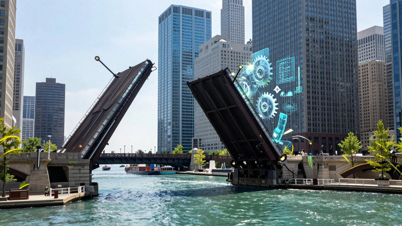 A bascule bridge leaf rising with digital stress data overlays showing modern maintenance tech.