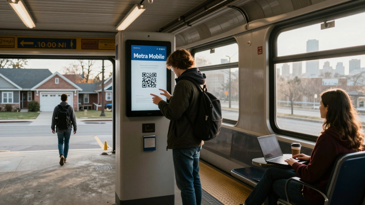 A commuter’s morning journey from suburban home to downtown office, shown in three stages with train and app details.
