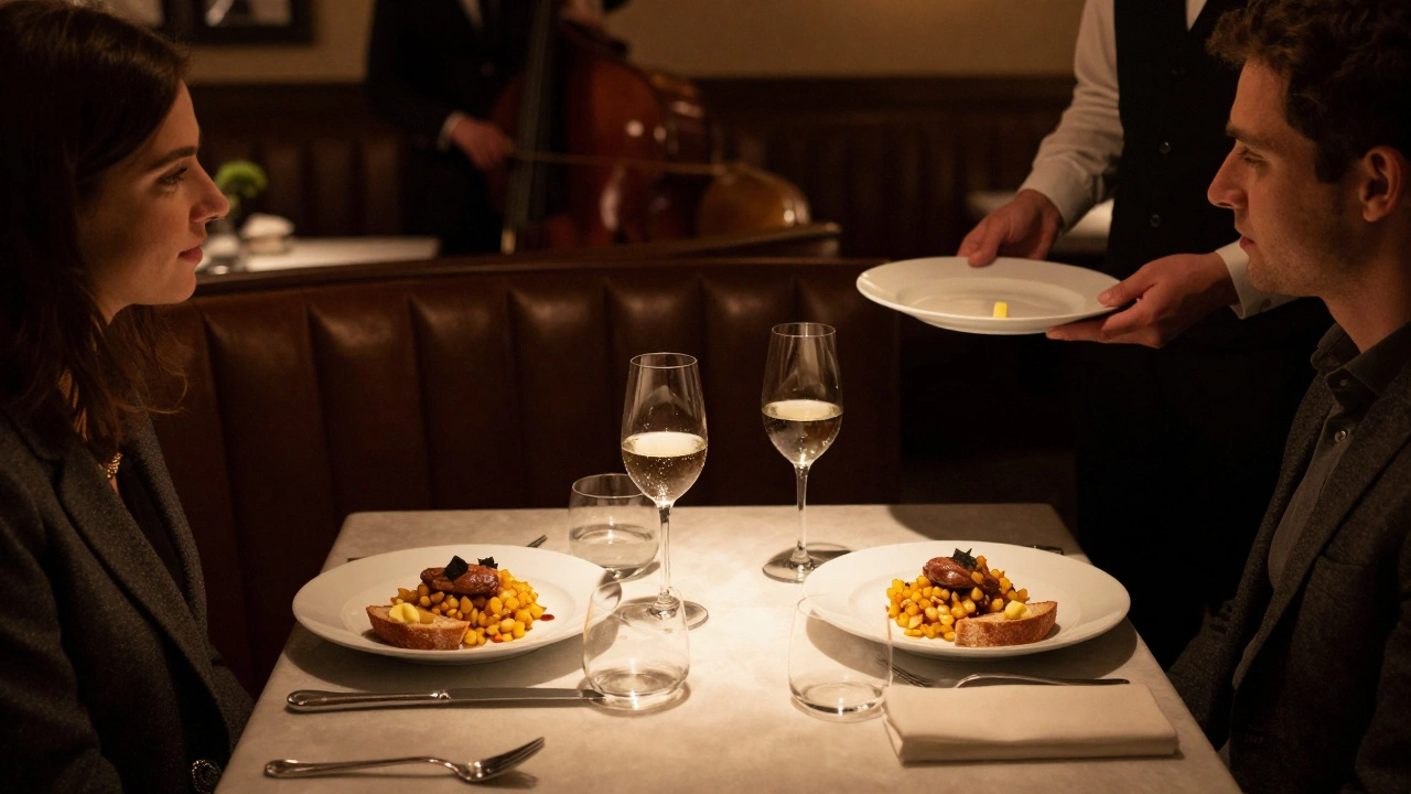 A couple enjoys duck hash and truffle butter in a dim, elegant restaurant with leather booths and soft jazz.
