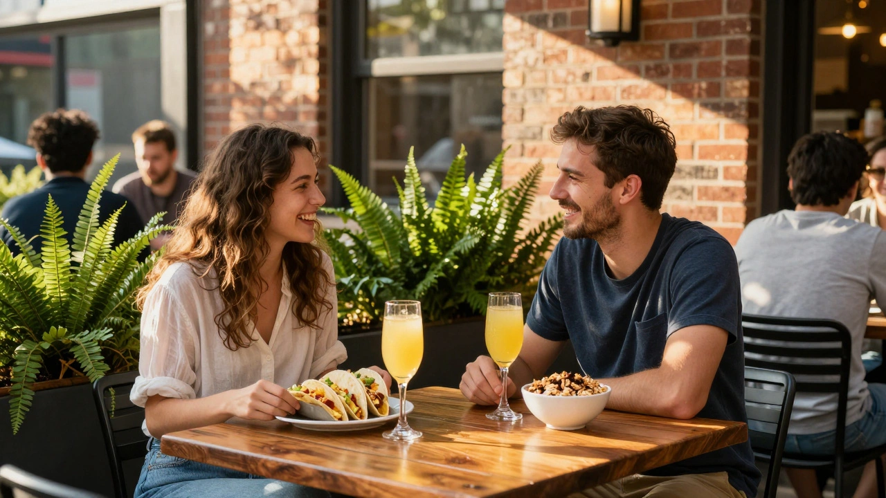 A couple laughing on a sunny patio over breakfast tacos and mimosas, surrounded by greenery and brick walls.