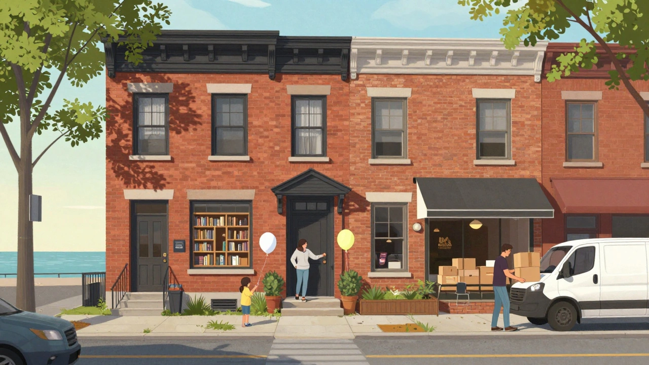 A family moving into a restored 2-4 unit home in South Shore, with Lake Michigan and a new library visible in the distance.